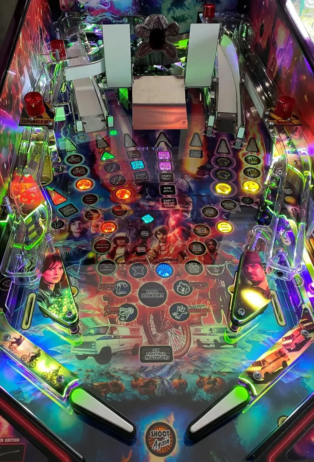 Stranger Things pinball playfield fully lit with the Playfield Protector installed
